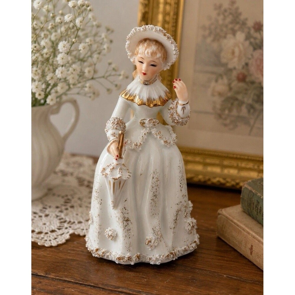 Vintage Lefton China Victorian Lady Figurine KW1569 Spaghetti Trim Japan 5.75”